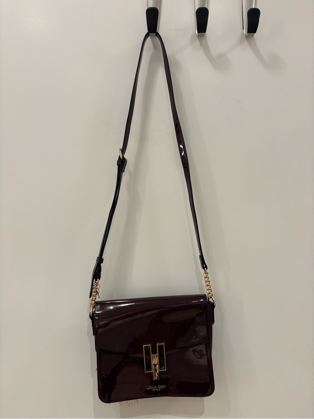 Patent Crossbody Bag in Burgundy with Gold Hardware